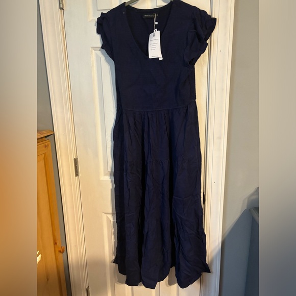 Casual Ruffle Midi Dress V Neck Smocked Dress, Navy XL - Picture 1 of 5